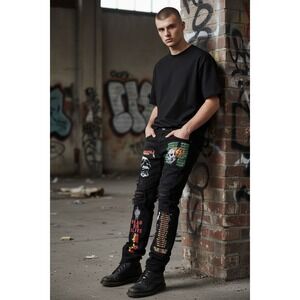 Rockstar Grunge Men's Patchwork Jeans Black 32x32‎ Distressed Denim Ultra Slim
